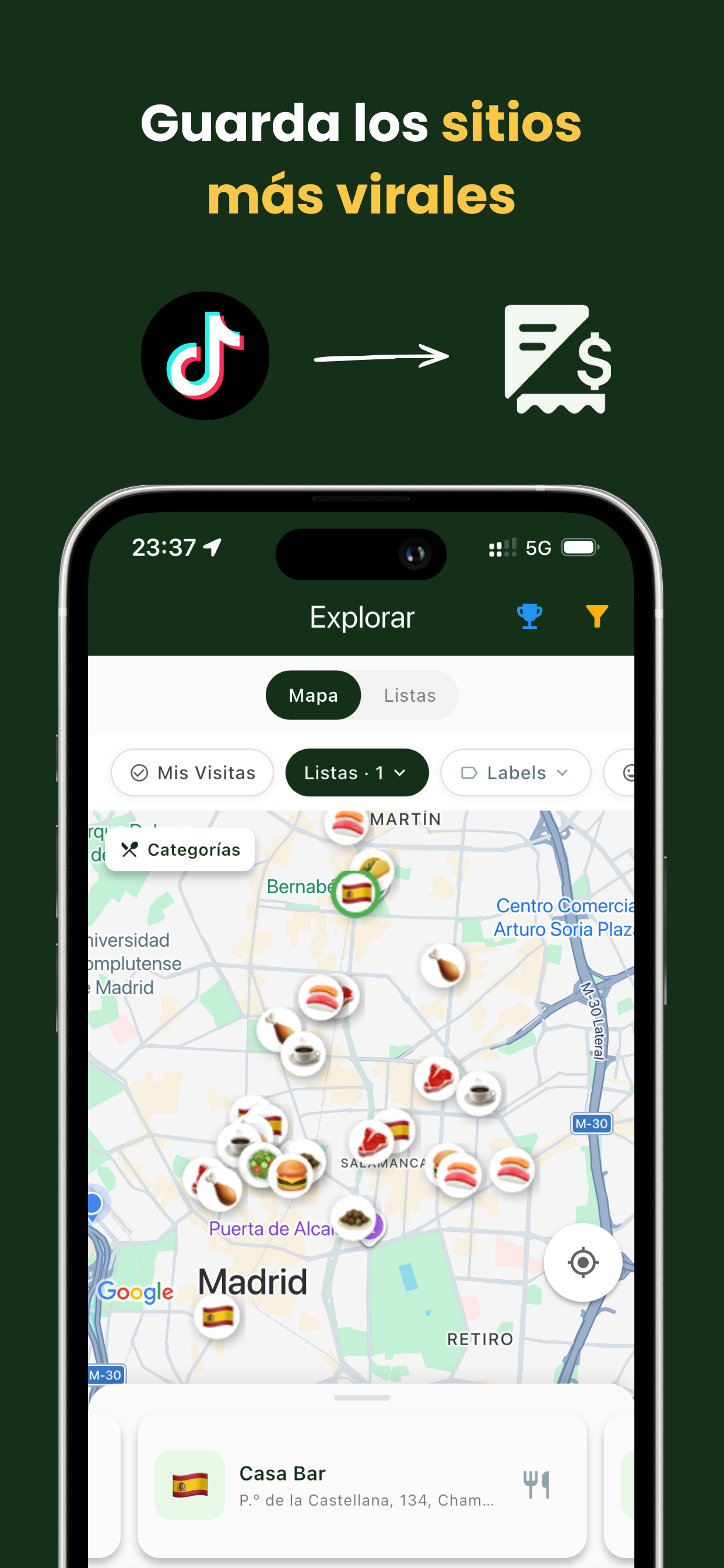 Mapa de restaurantes virales en SplitBill - guarda vídeos de TikTok